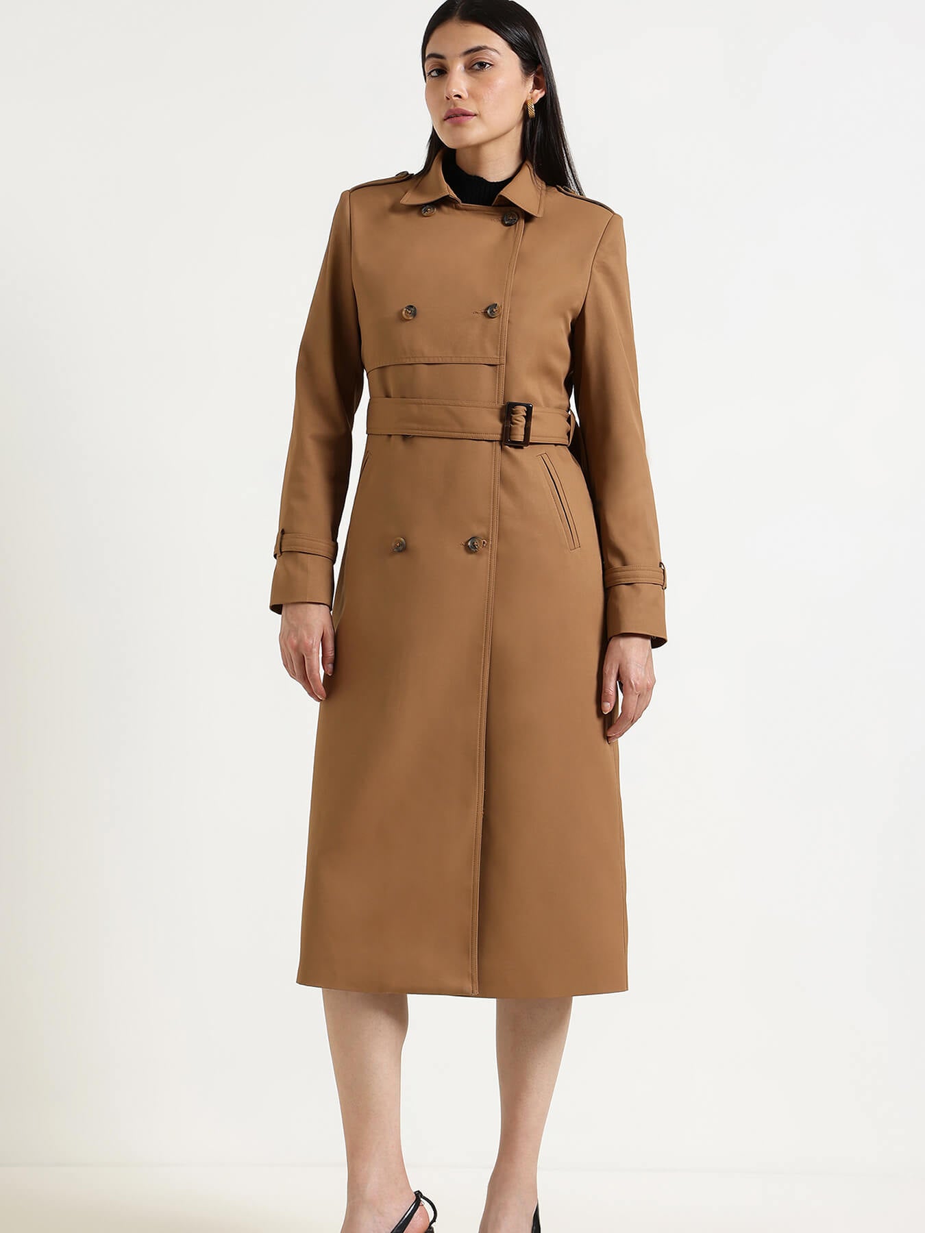 Double-Breasted Long Trench Coat - Tan