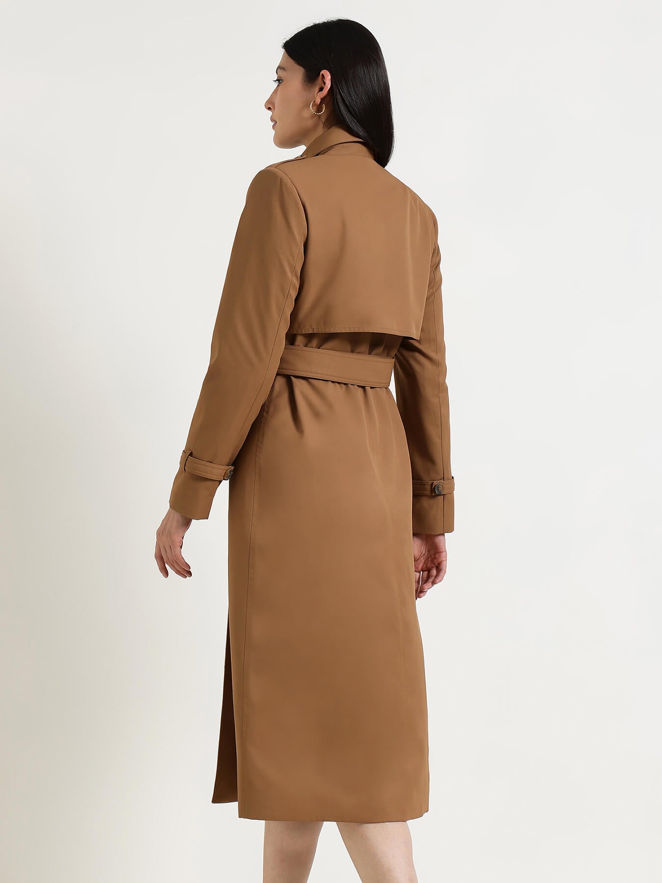 Double-Breasted Long Trench Coat - Tan