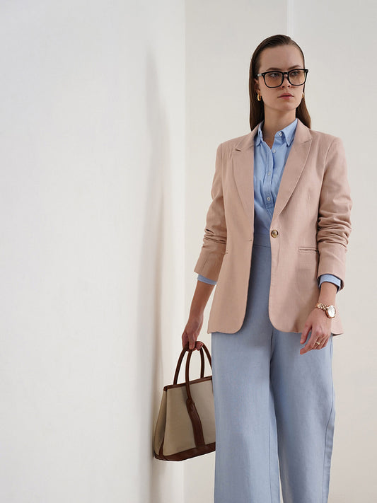 Cotton Linen Single Breasted Blazer - Beige
