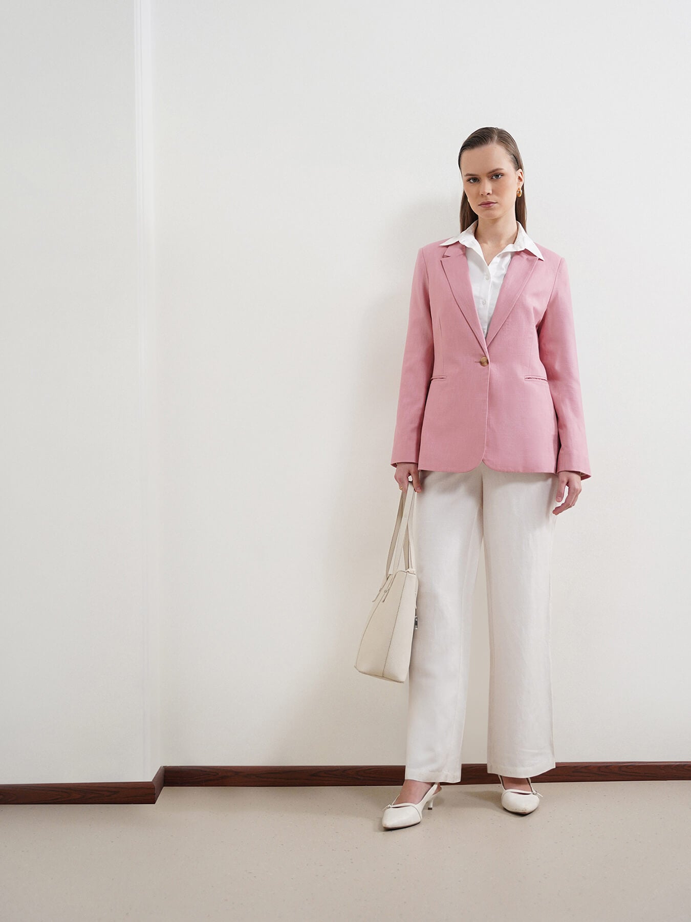 Cotton Linen Single Breasted Blazer - Dusty Pink