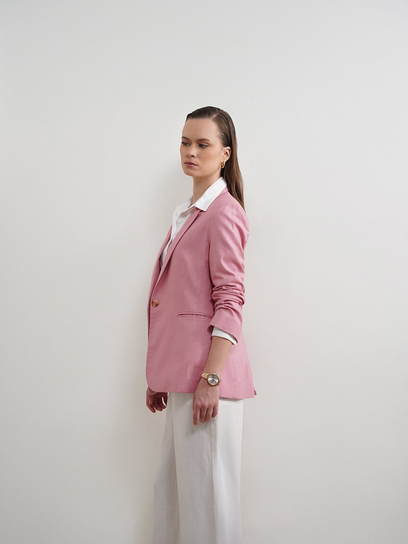 Cotton Linen Single Breasted Blazer - Dusty Pink