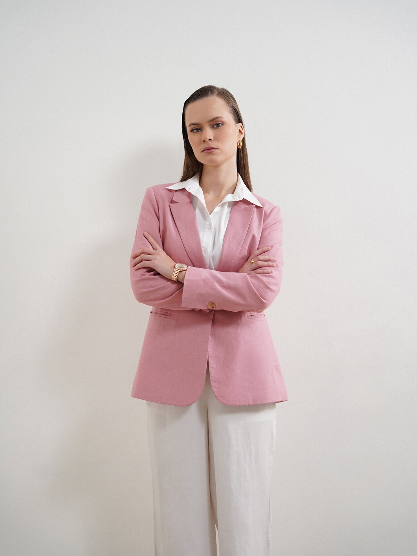 Cotton Linen Single Breasted Blazer - Dusty Pink