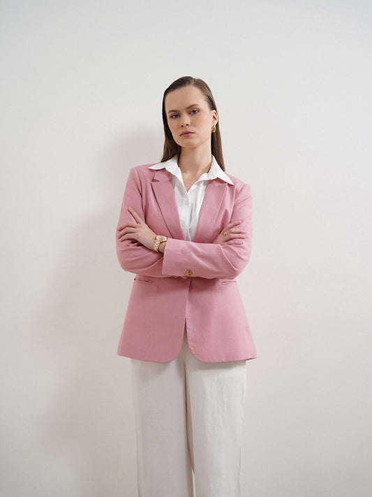 Cotton Linen Single Breasted Blazer - Dusty Pink