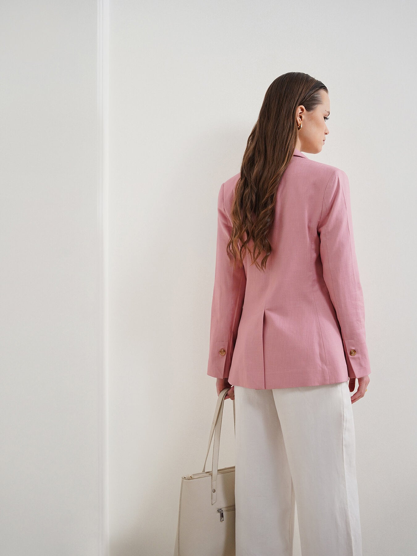 Cotton Linen Single Breasted Blazer - Dusty Pink