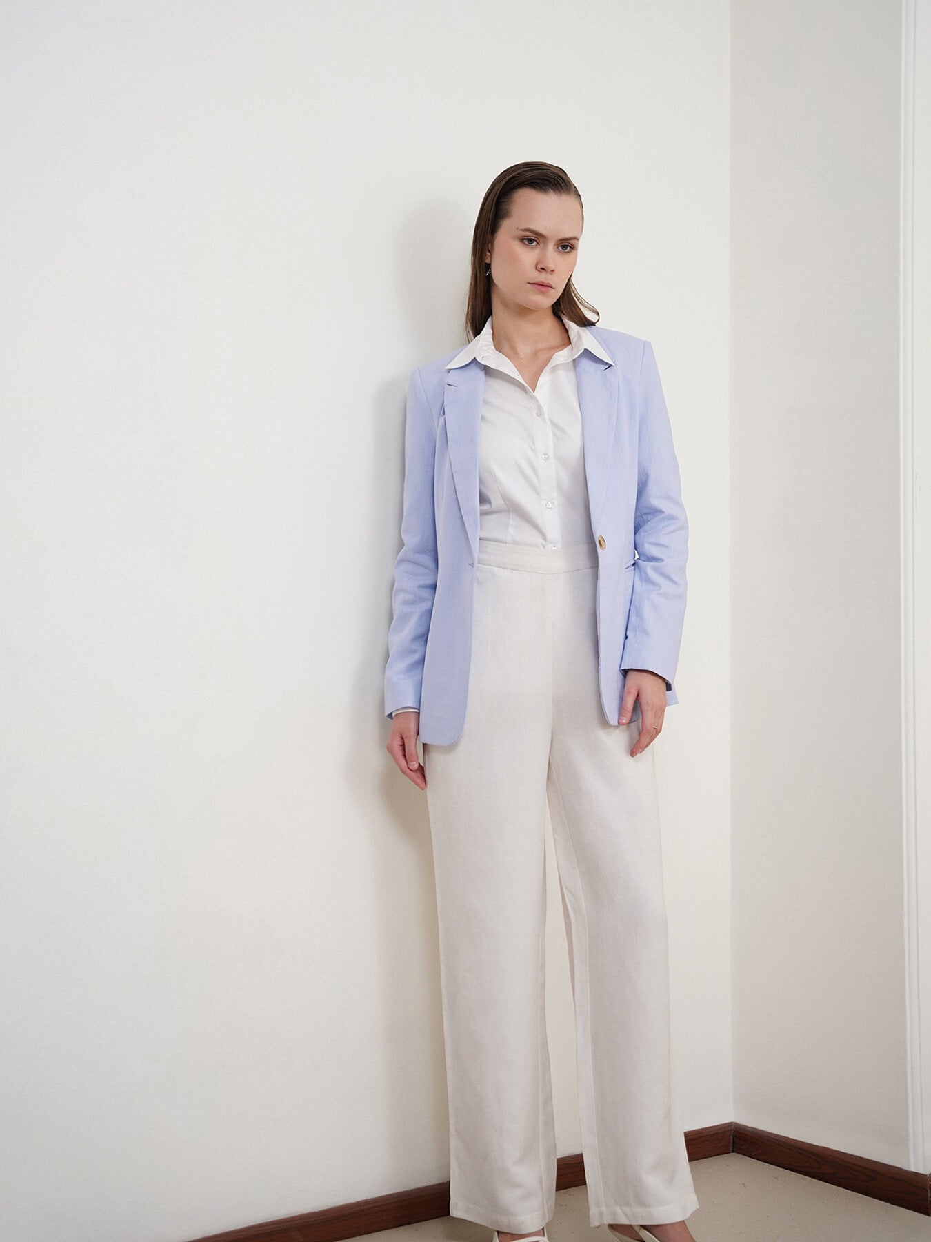 Cotton Linen Single Breasted Blazer - Powder Blue