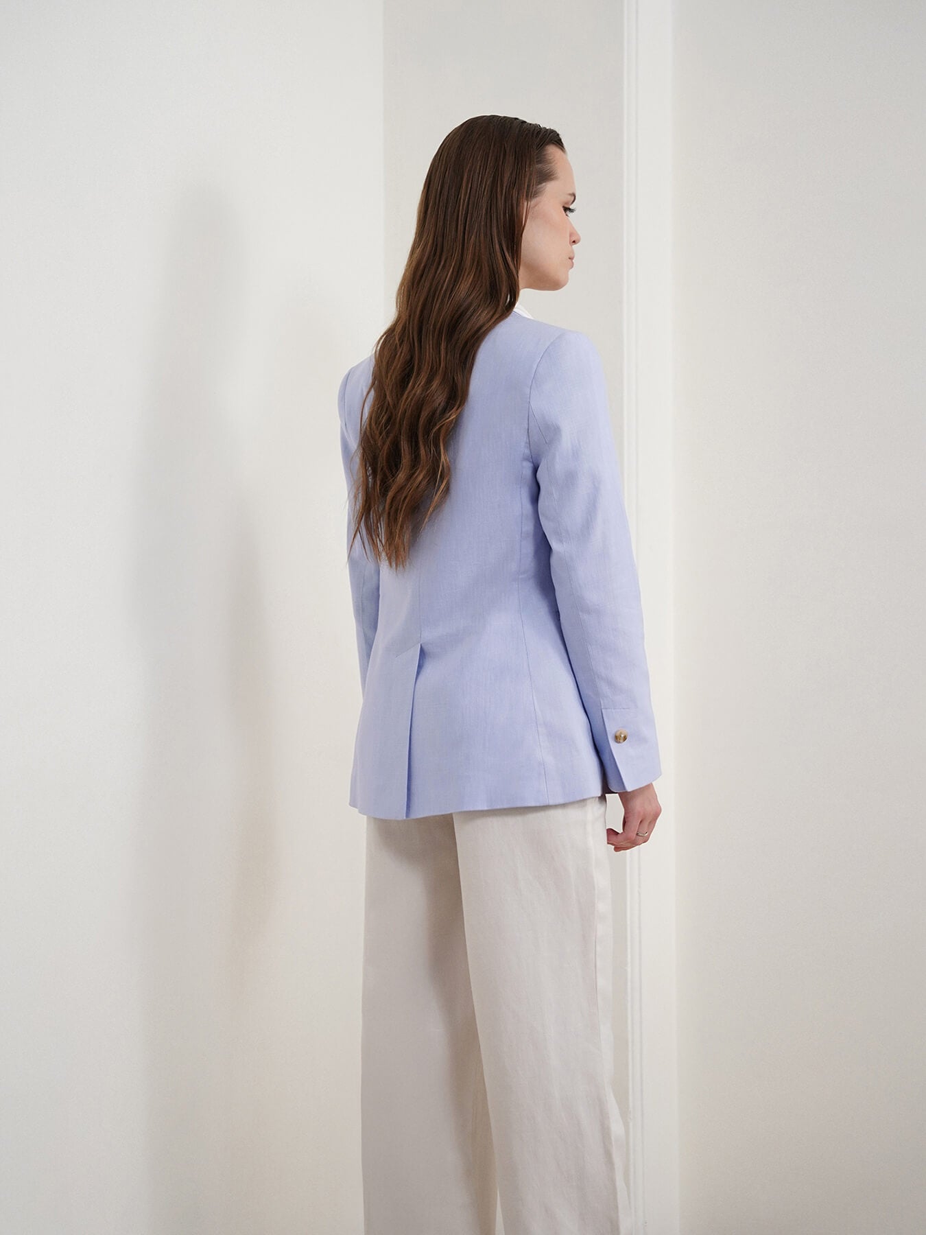 Cotton Linen Single Breasted Blazer - Powder Blue