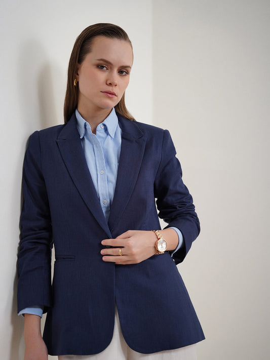 Cotton Linen Single Breasted Blazer - Navy