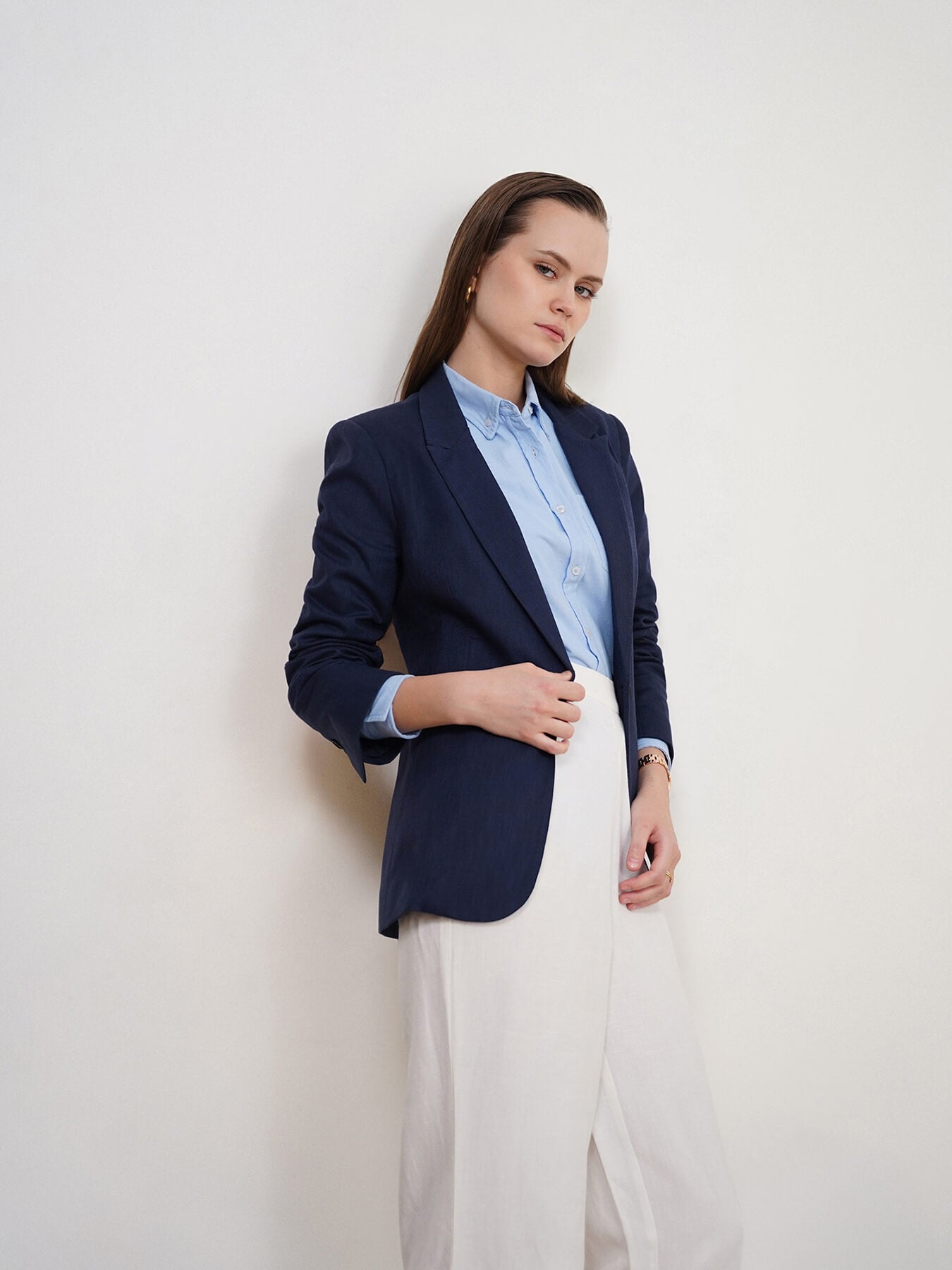Cotton Linen Single Breasted Blazer - Navy