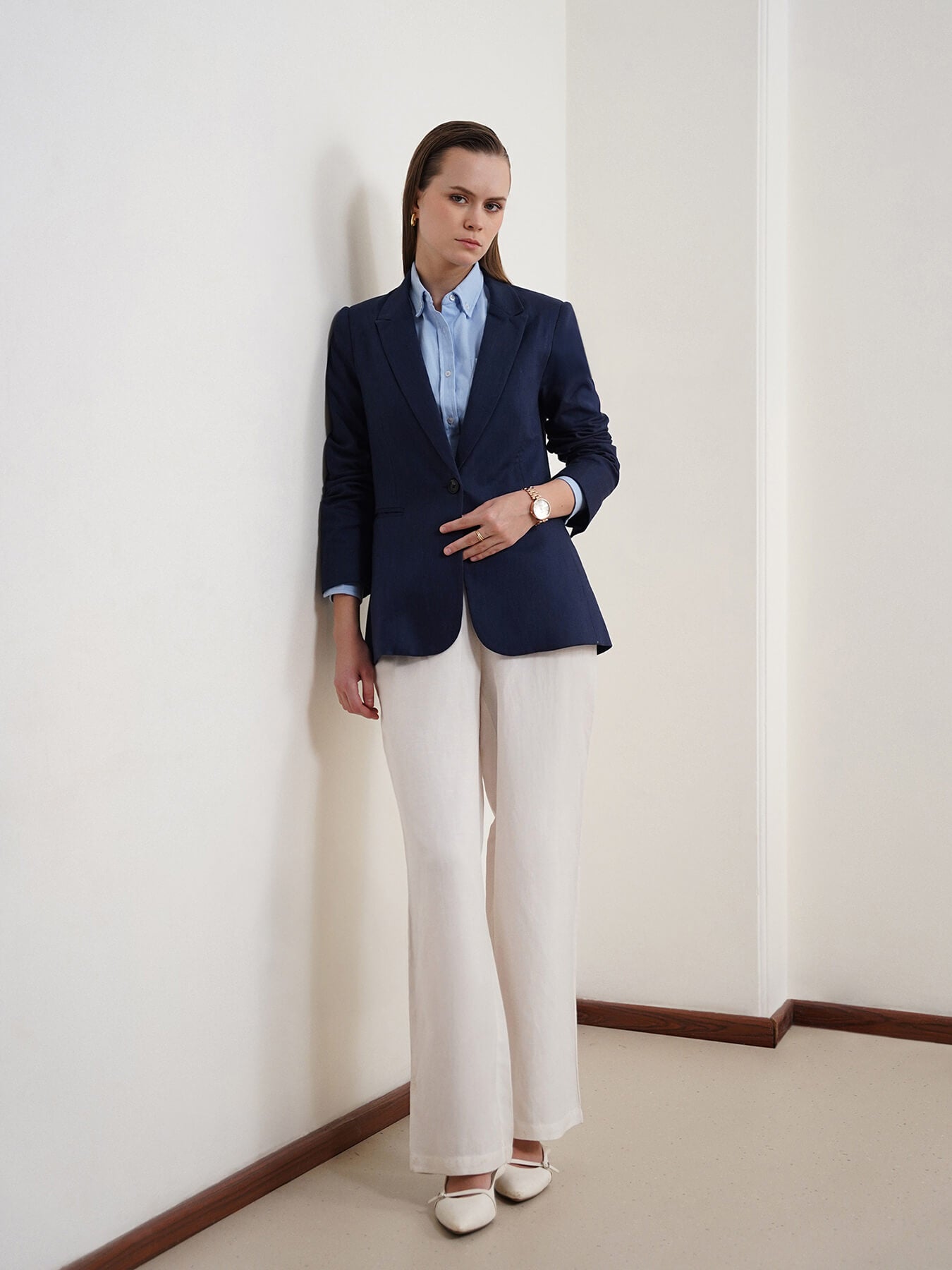 Cotton Linen Single Breasted Blazer - Navy