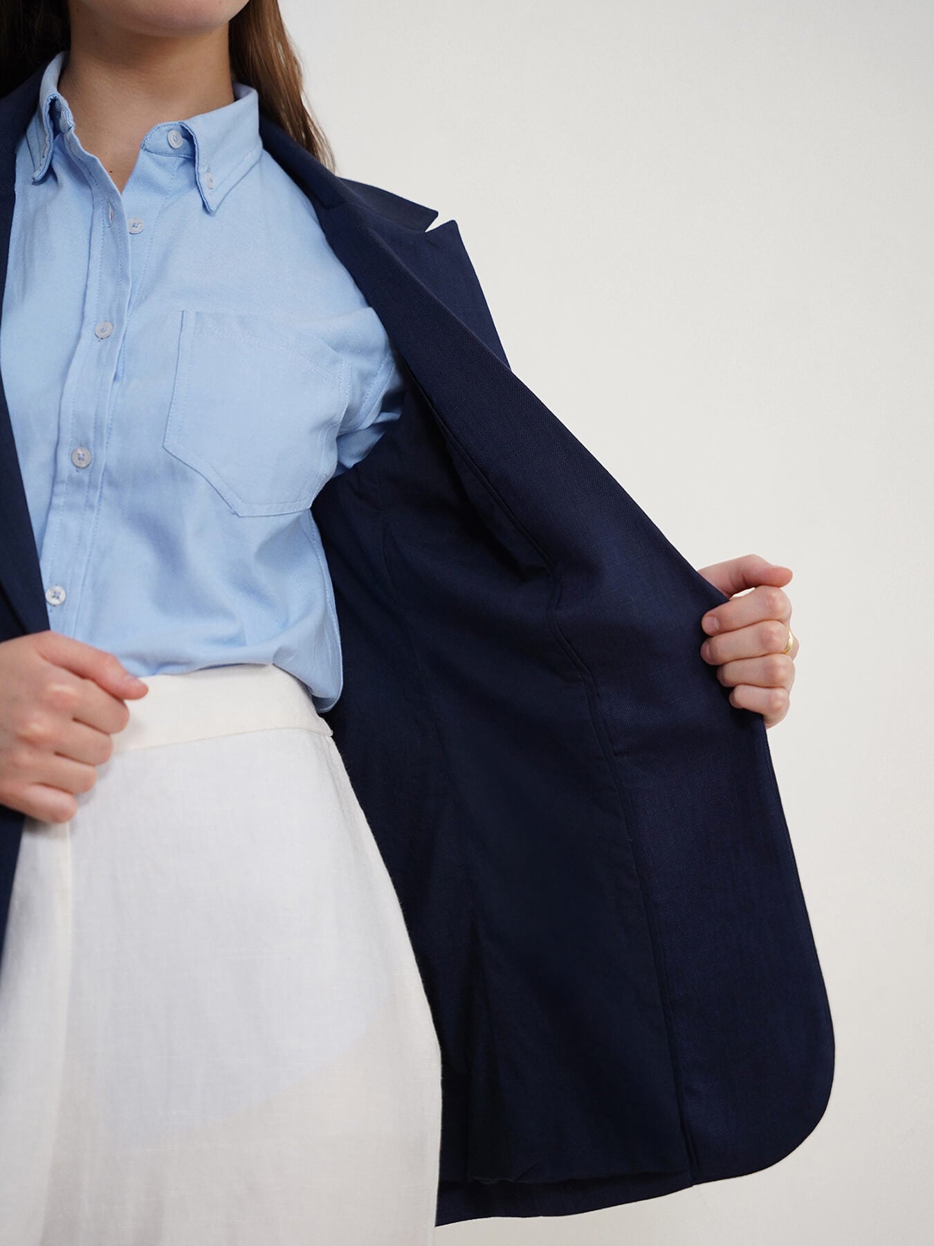 Cotton Linen Single Breasted Blazer - Navy