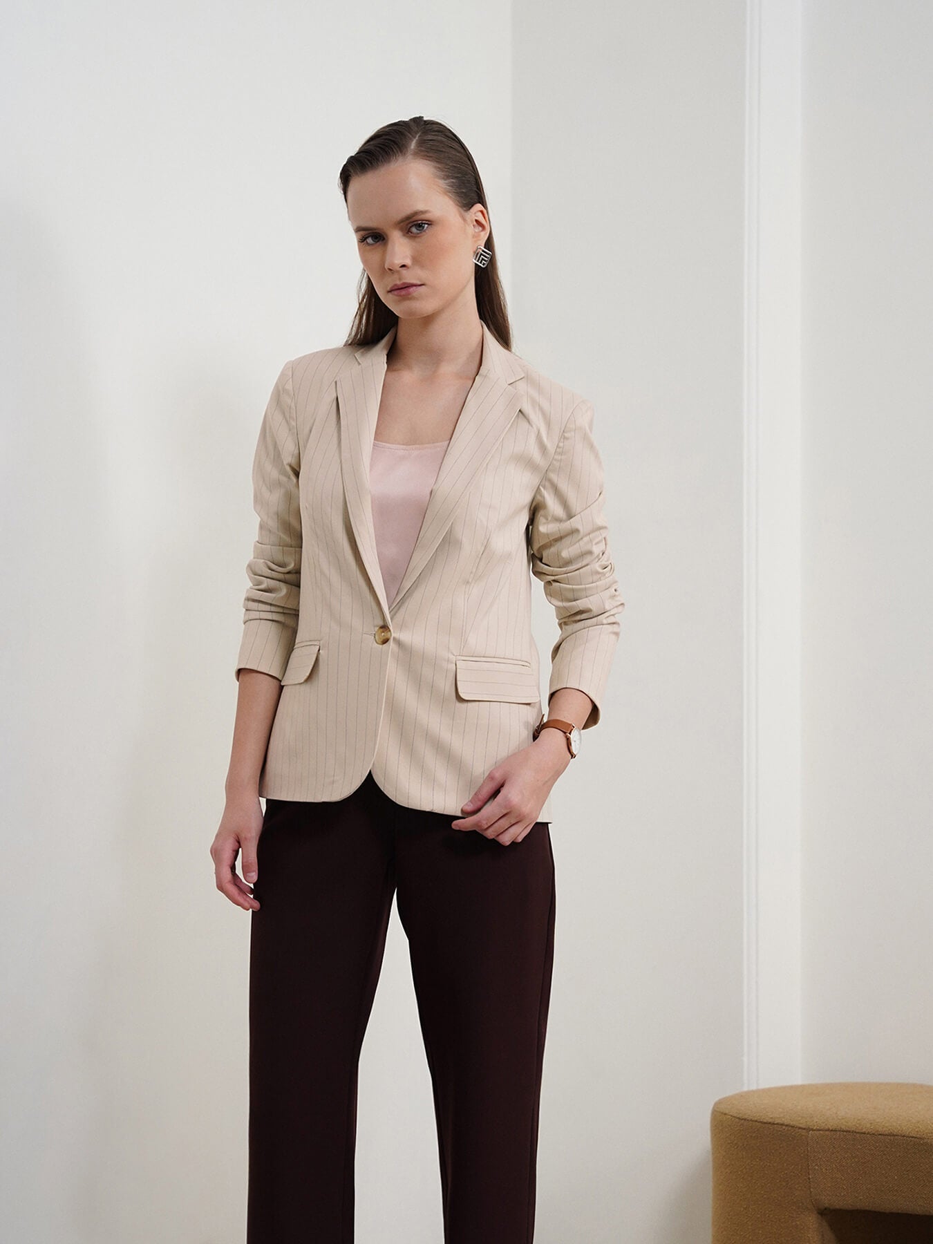 Single Breasted Striped Blazer - Beige