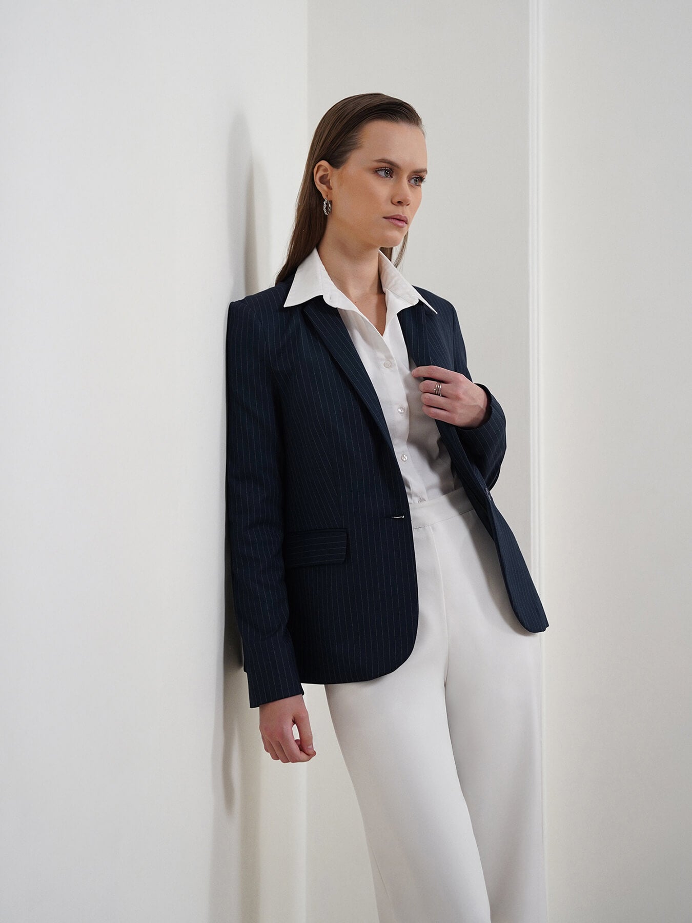 Single Breasted Striped Blazer - Navy Blue