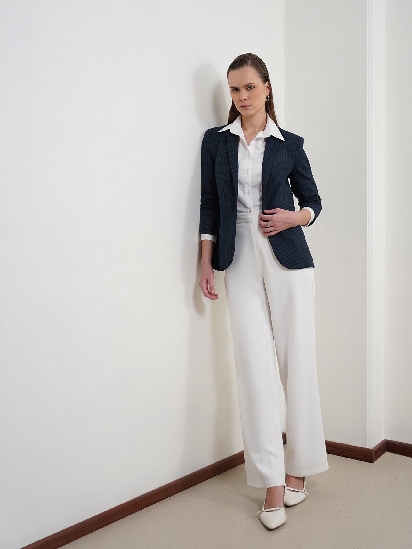 Single Breasted Striped Blazer - Navy Blue