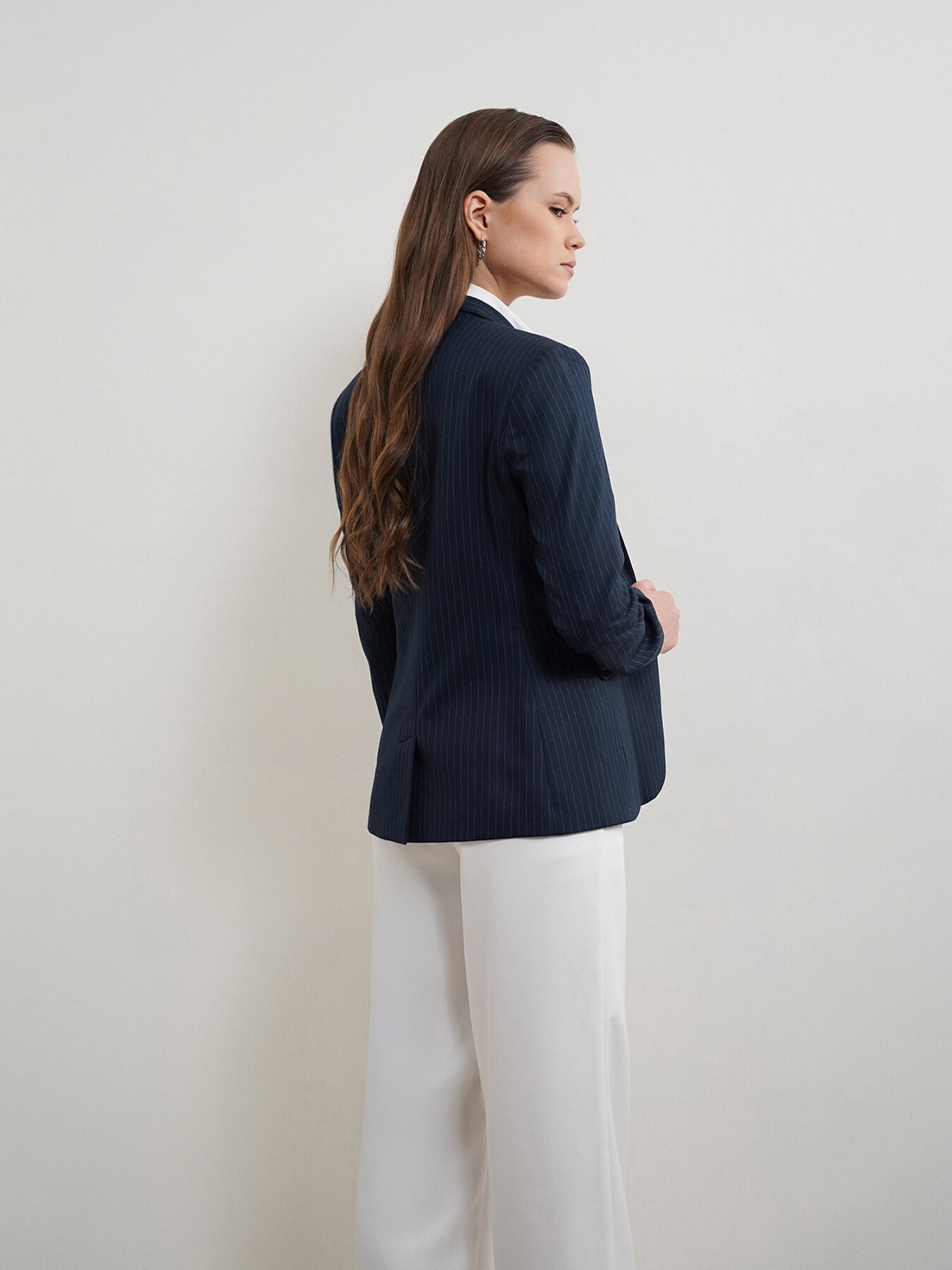 Single Breasted Striped Blazer - Navy Blue