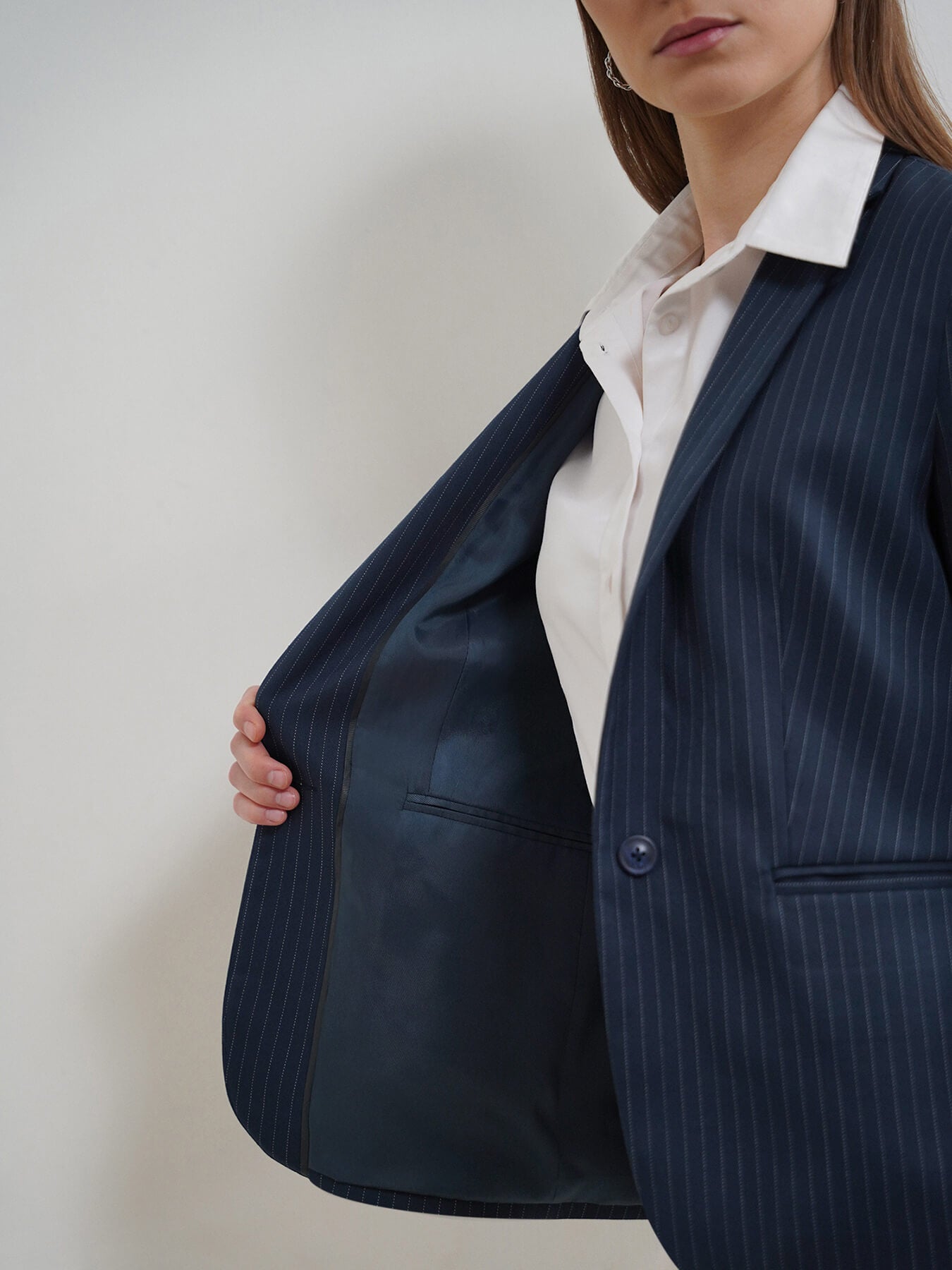 Single Breasted Striped Blazer - Navy Blue