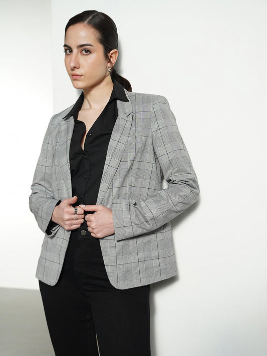 Checkered Single-Breasted Blazer - Grey