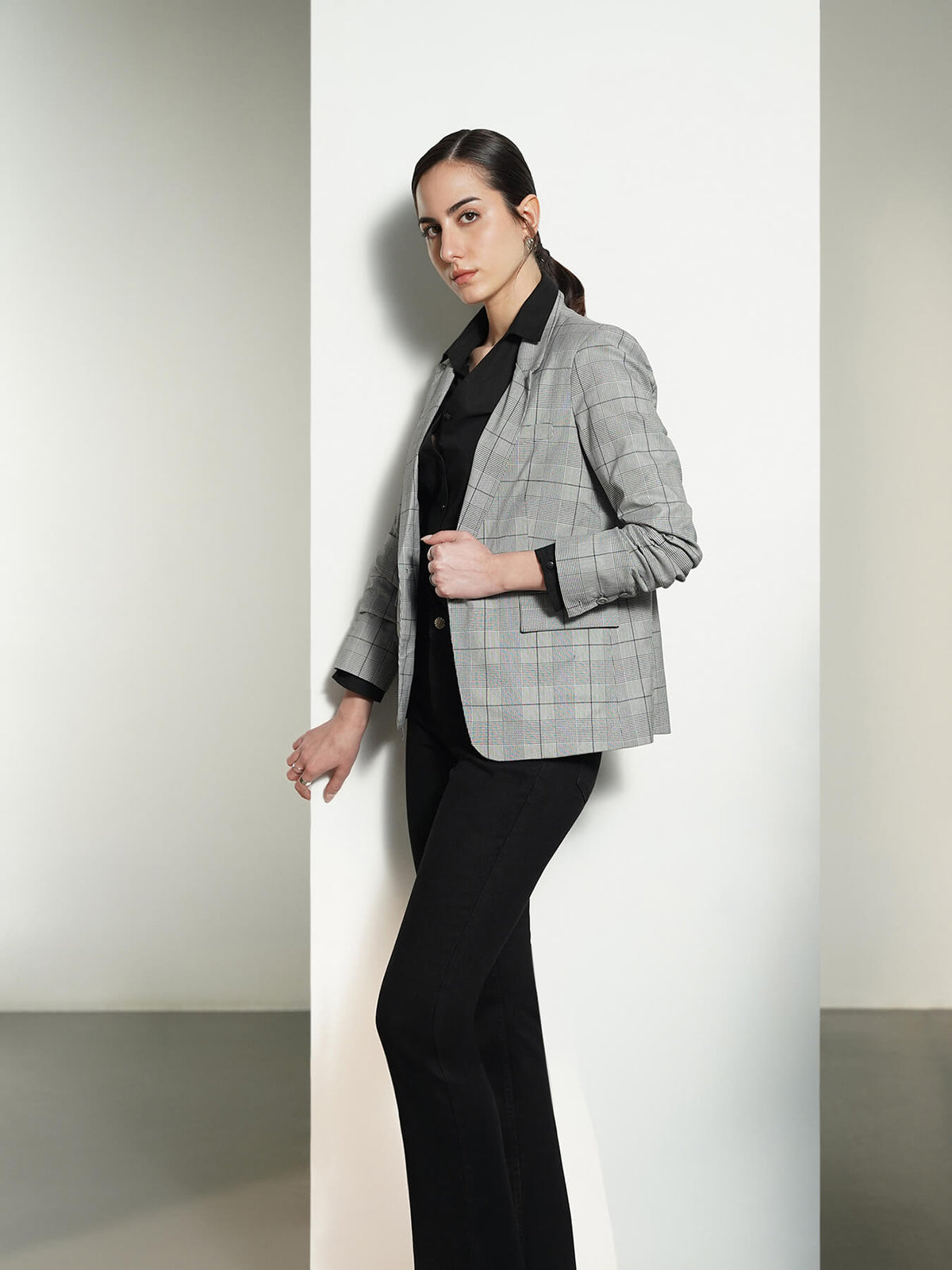Checkered Single-Breasted Blazer - Grey