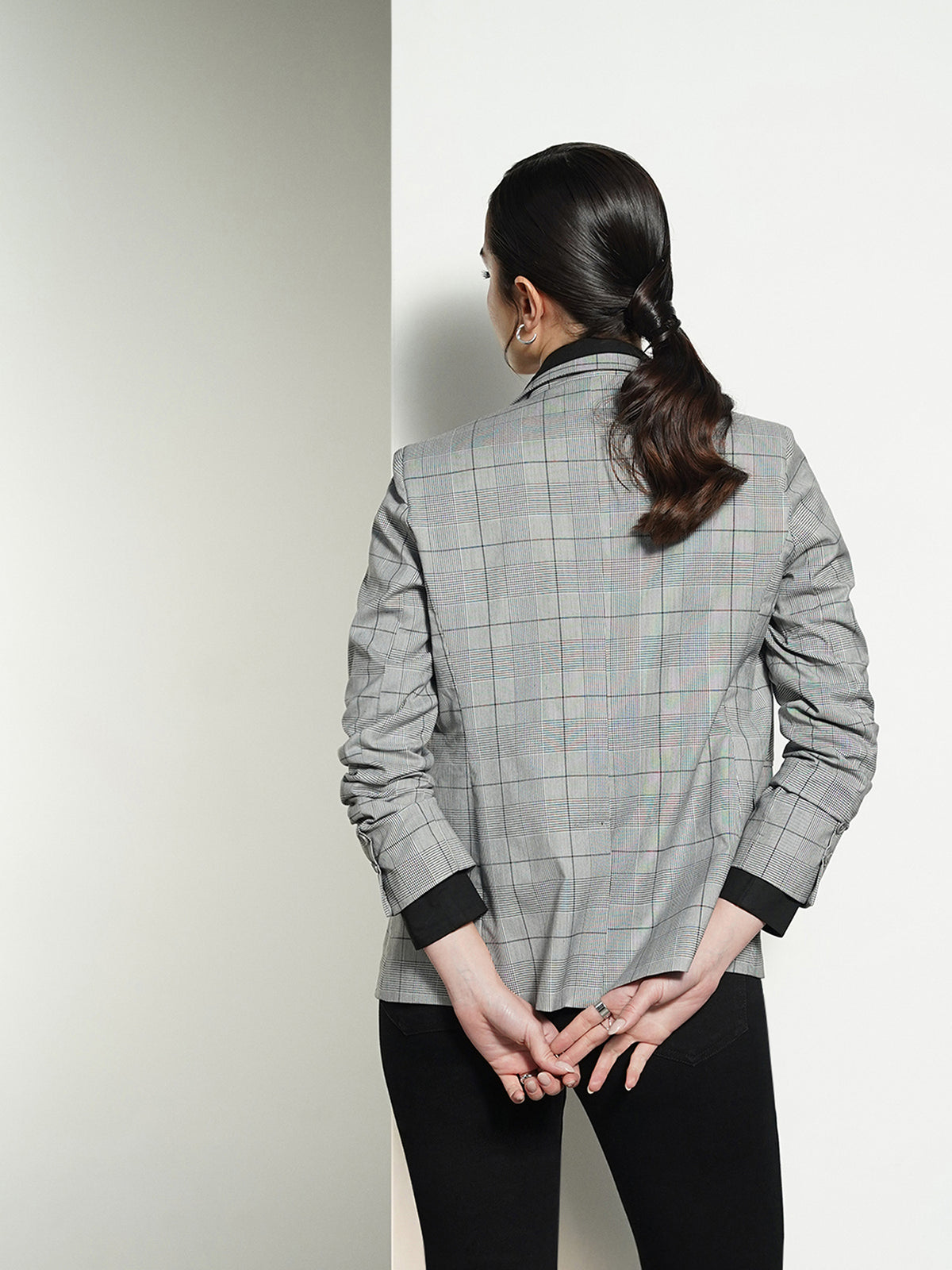 Checkered Single-Breasted Blazer - Grey