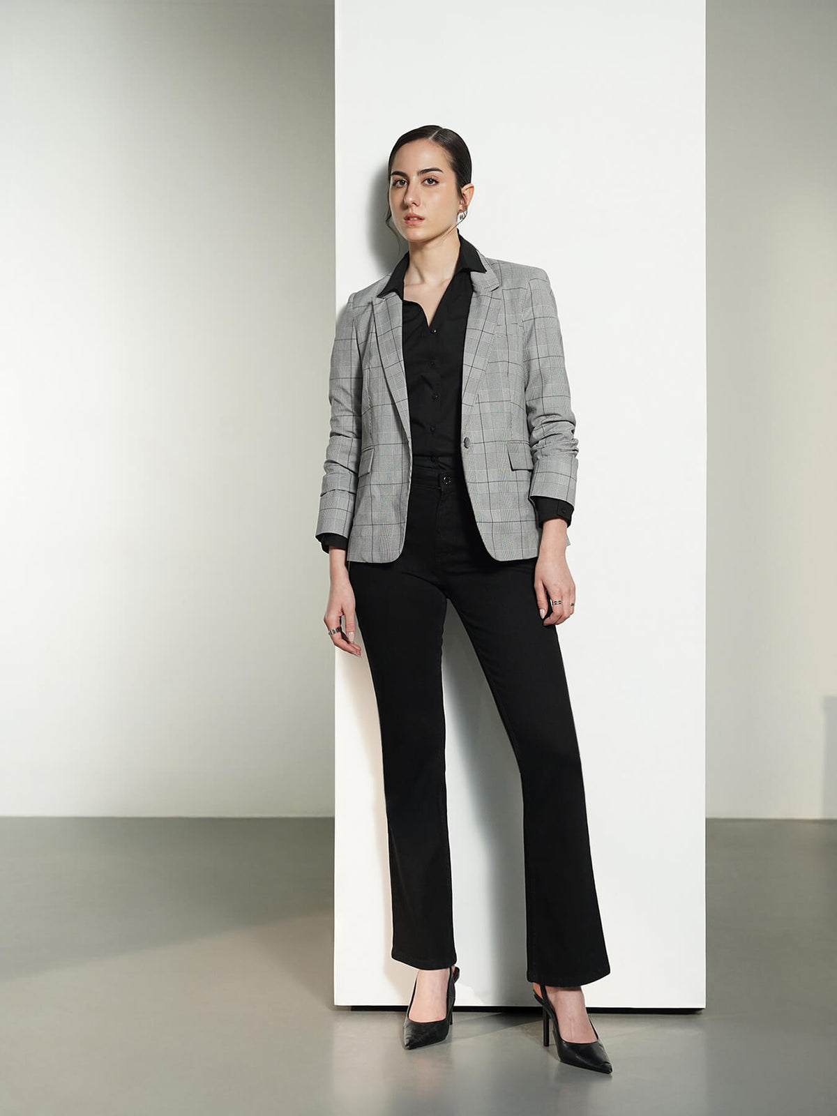 Checkered Single-Breasted Blazer - Grey