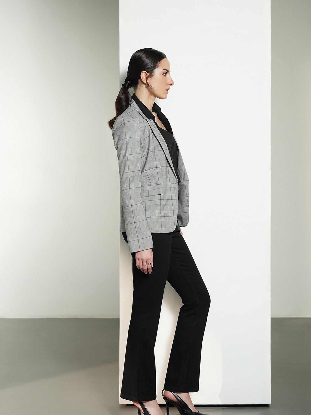 Checkered Single-Breasted Blazer - Grey