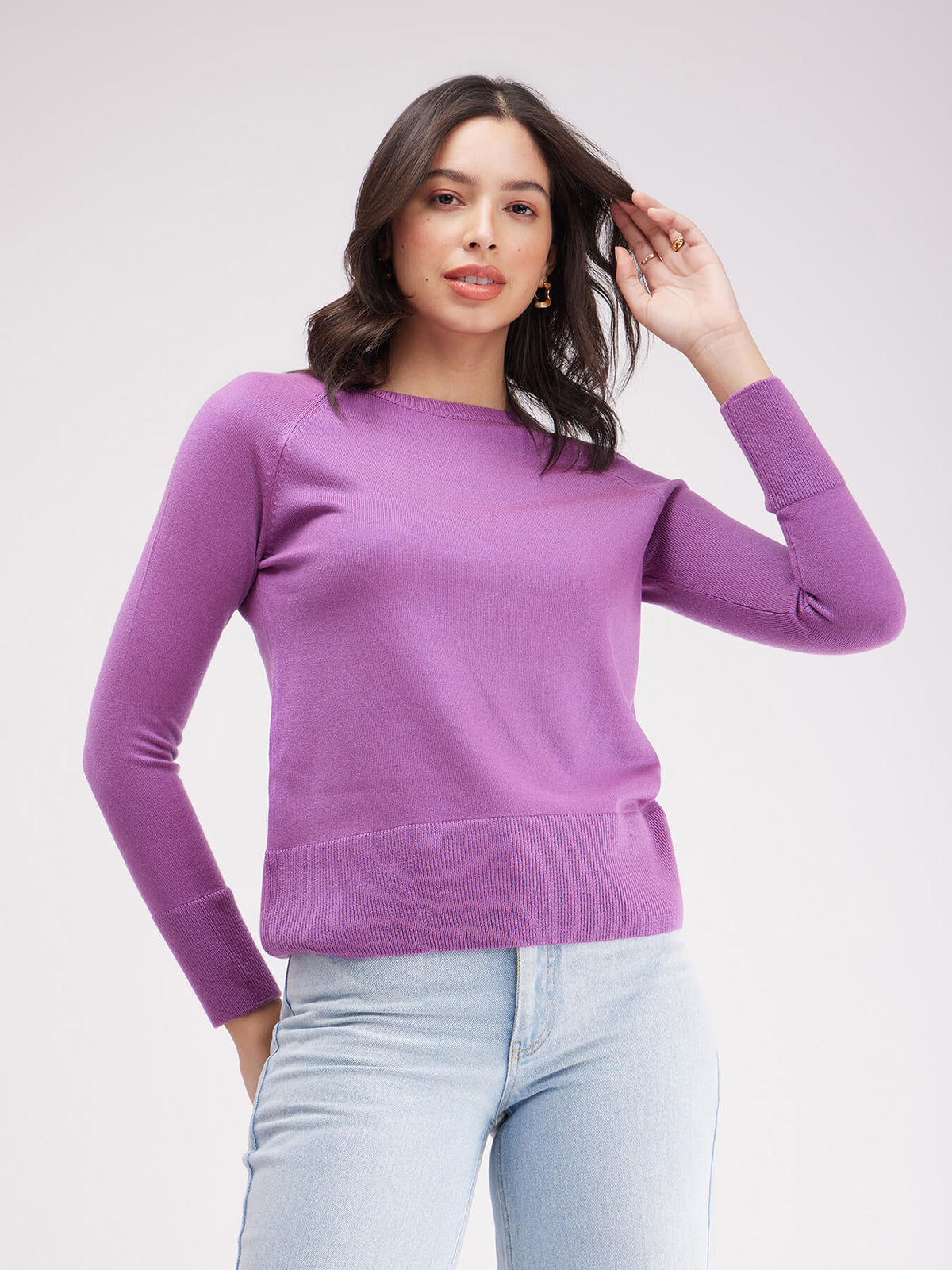 LivSoft Raglan Sleeves Round Neck Sweater - Purple