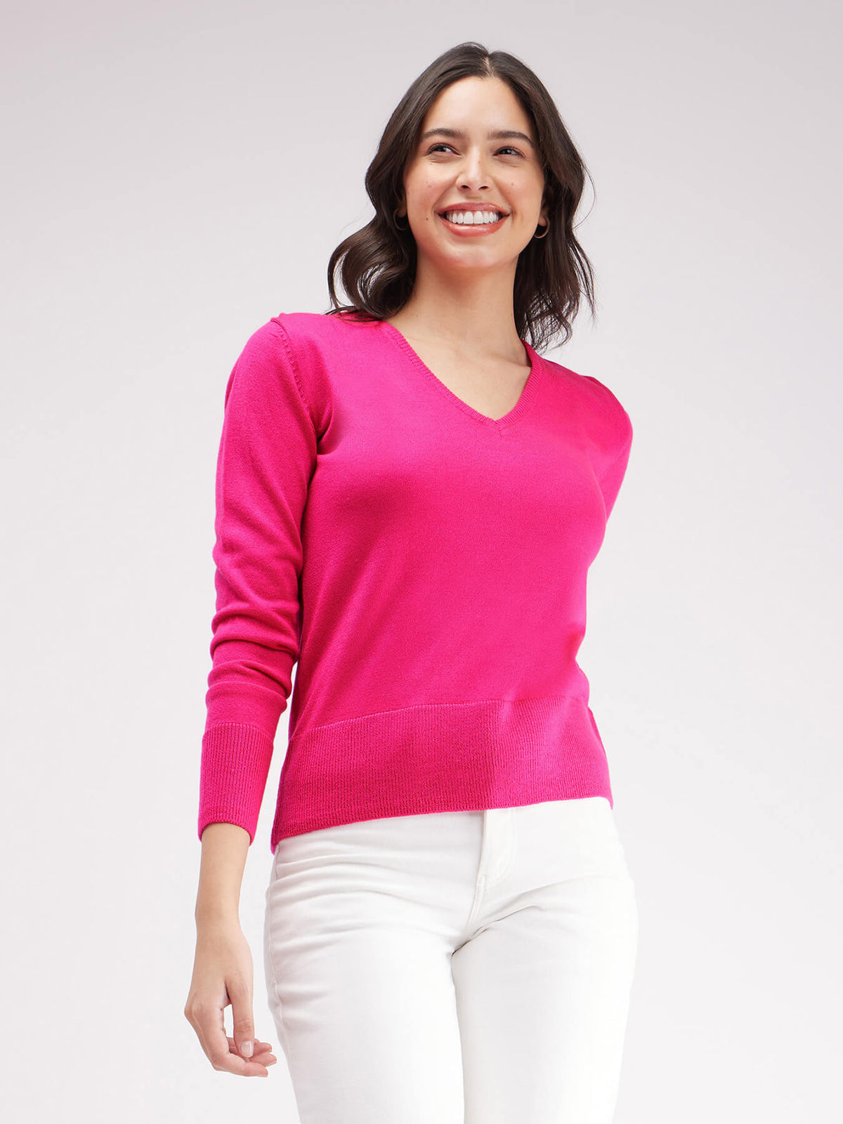 LivSoft V Neck Sweater - Fuchsia