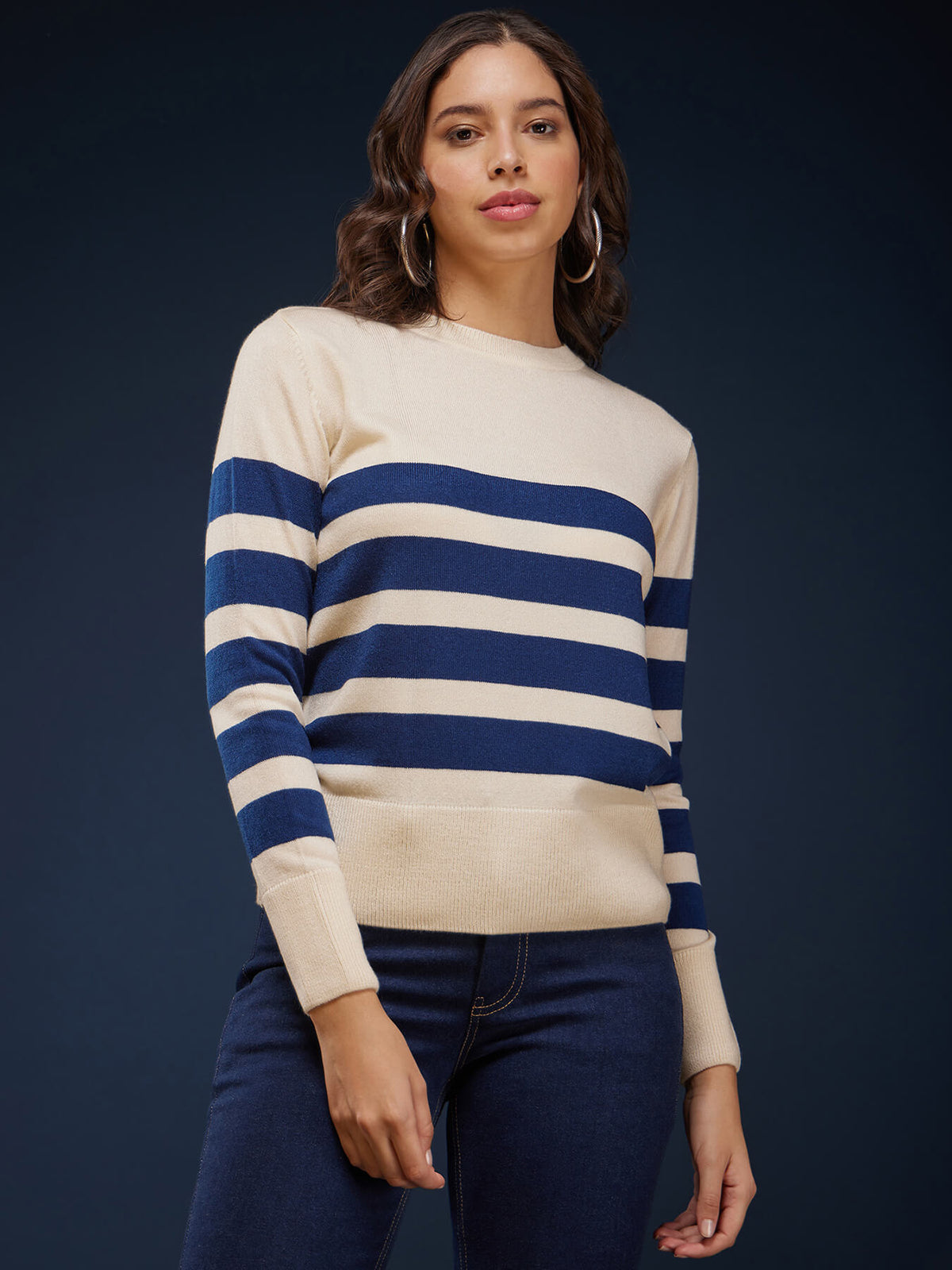 LivSoft Stripe Detail Sweater - Off White And Navy