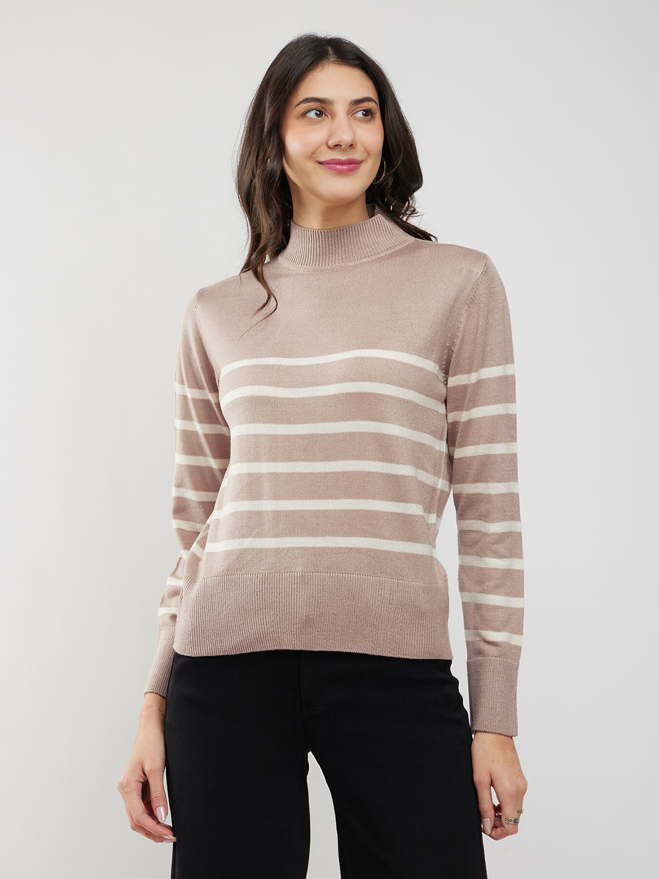 LivSoft High Neck Striped Sweater - Beige