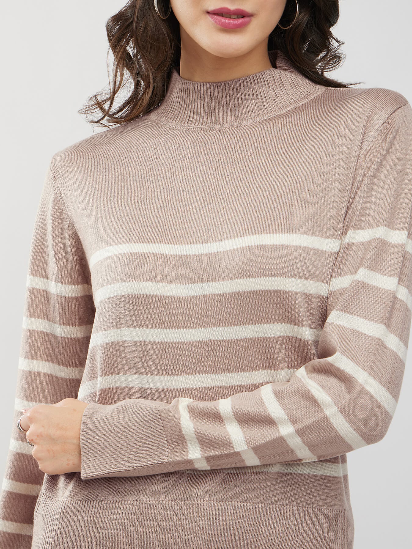 LivSoft High Neck Striped Sweater - Beige