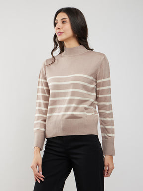 LivSoft High Neck Striped Sweater - Beige