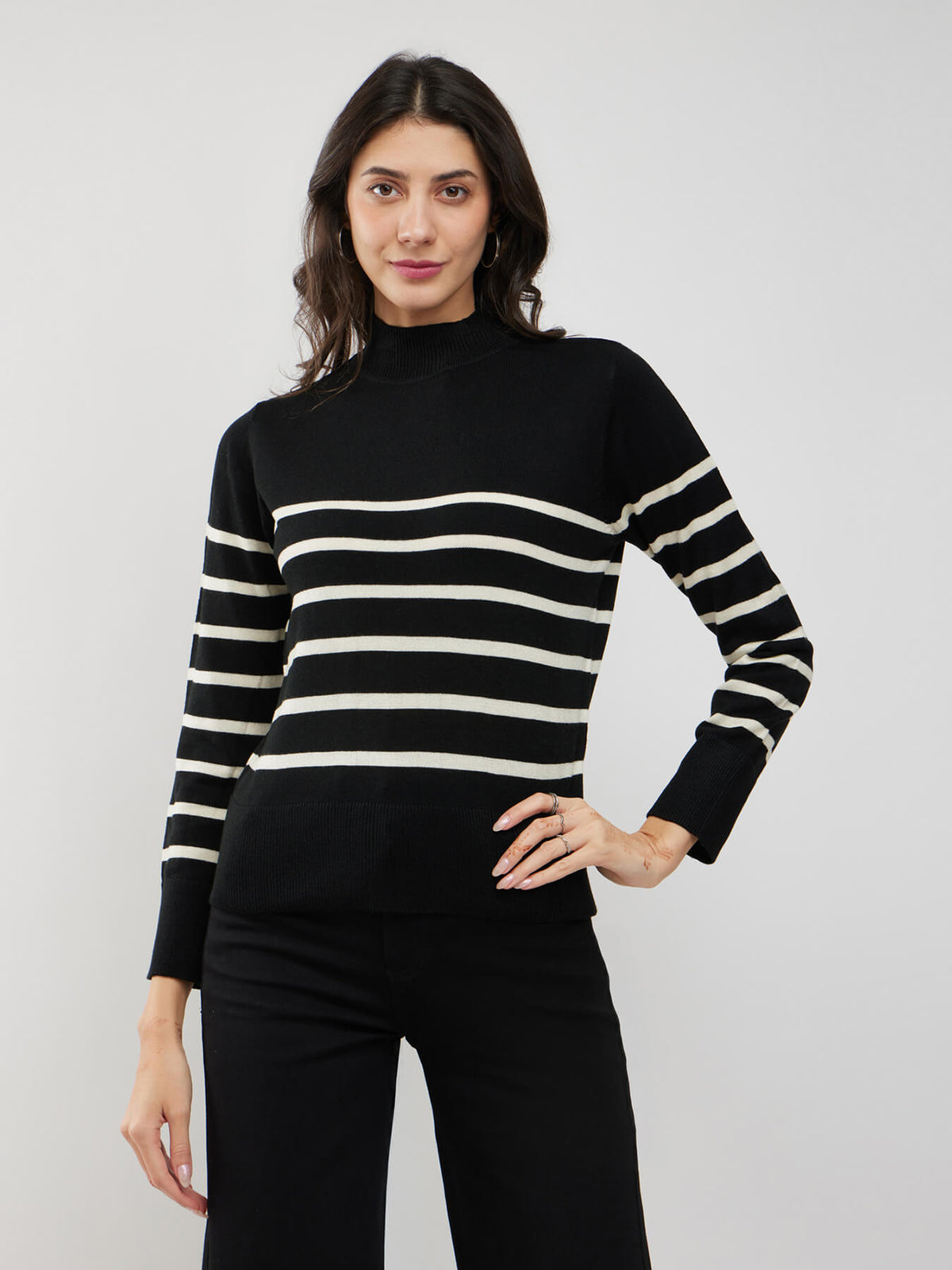 LivSoft High Neck Striped Sweater - Black