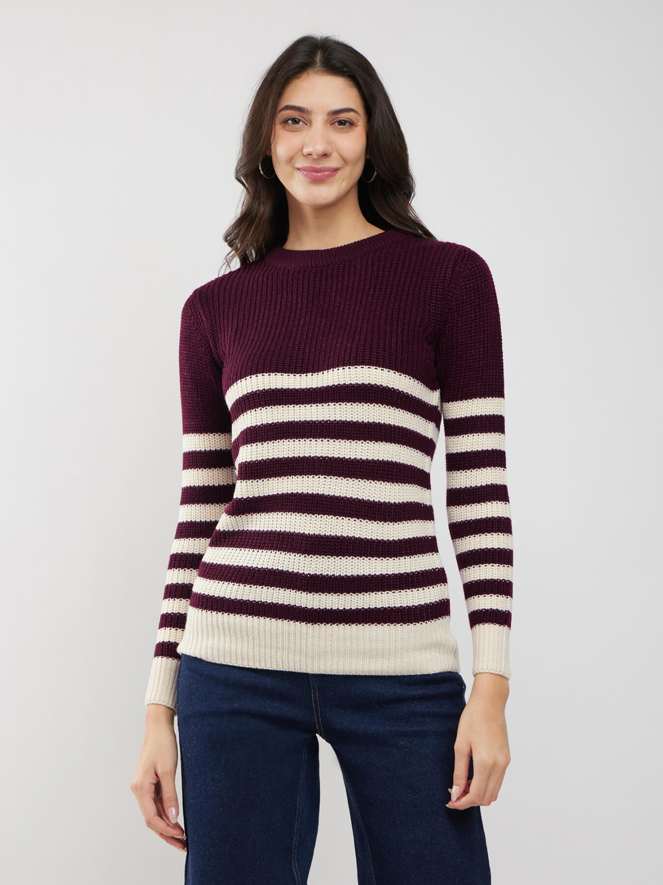 LivSoft Textured Knit Sweater - Burgundy And Off White