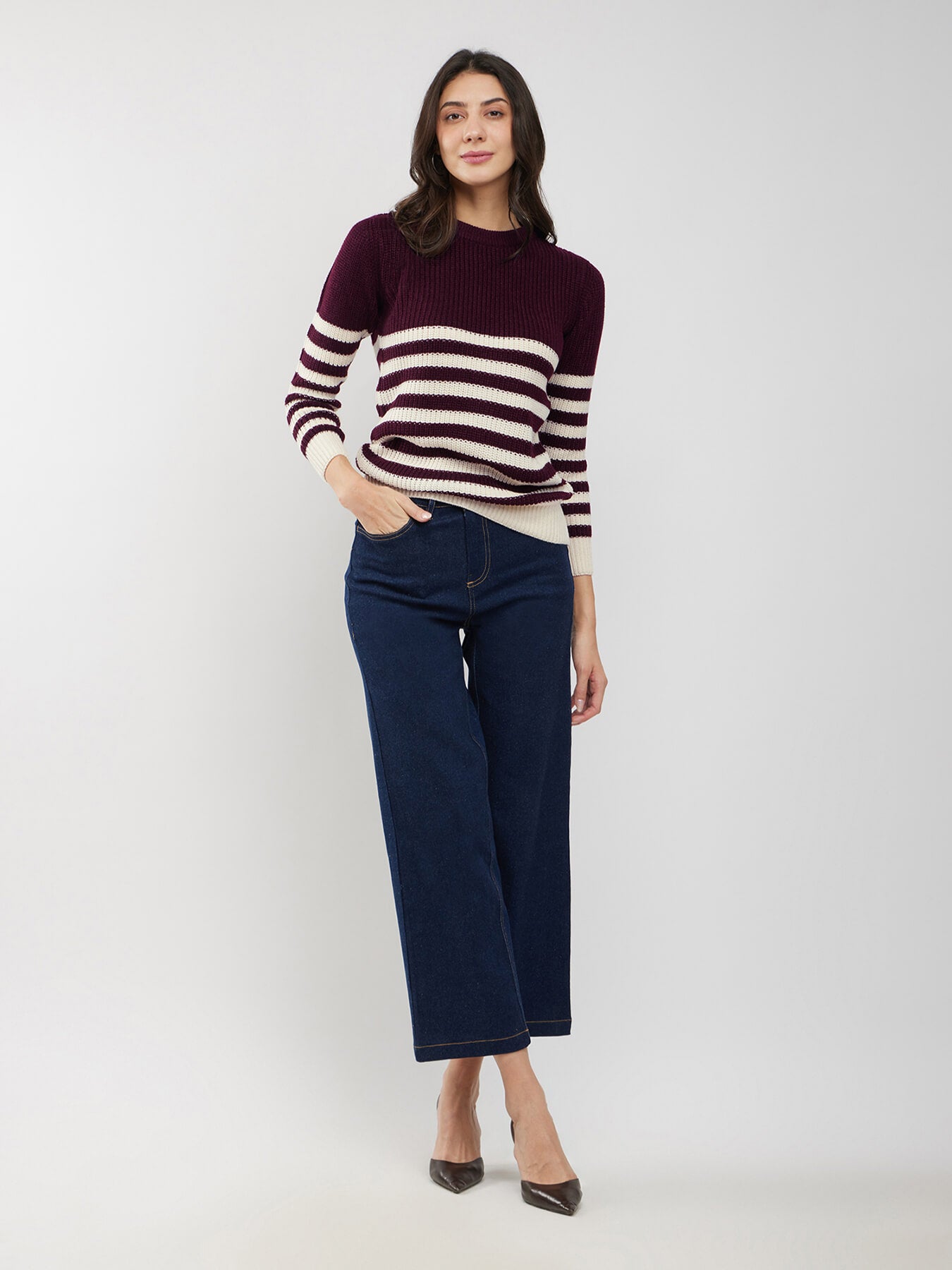 LivSoft Textured Knit Sweater - Burgundy And Off White