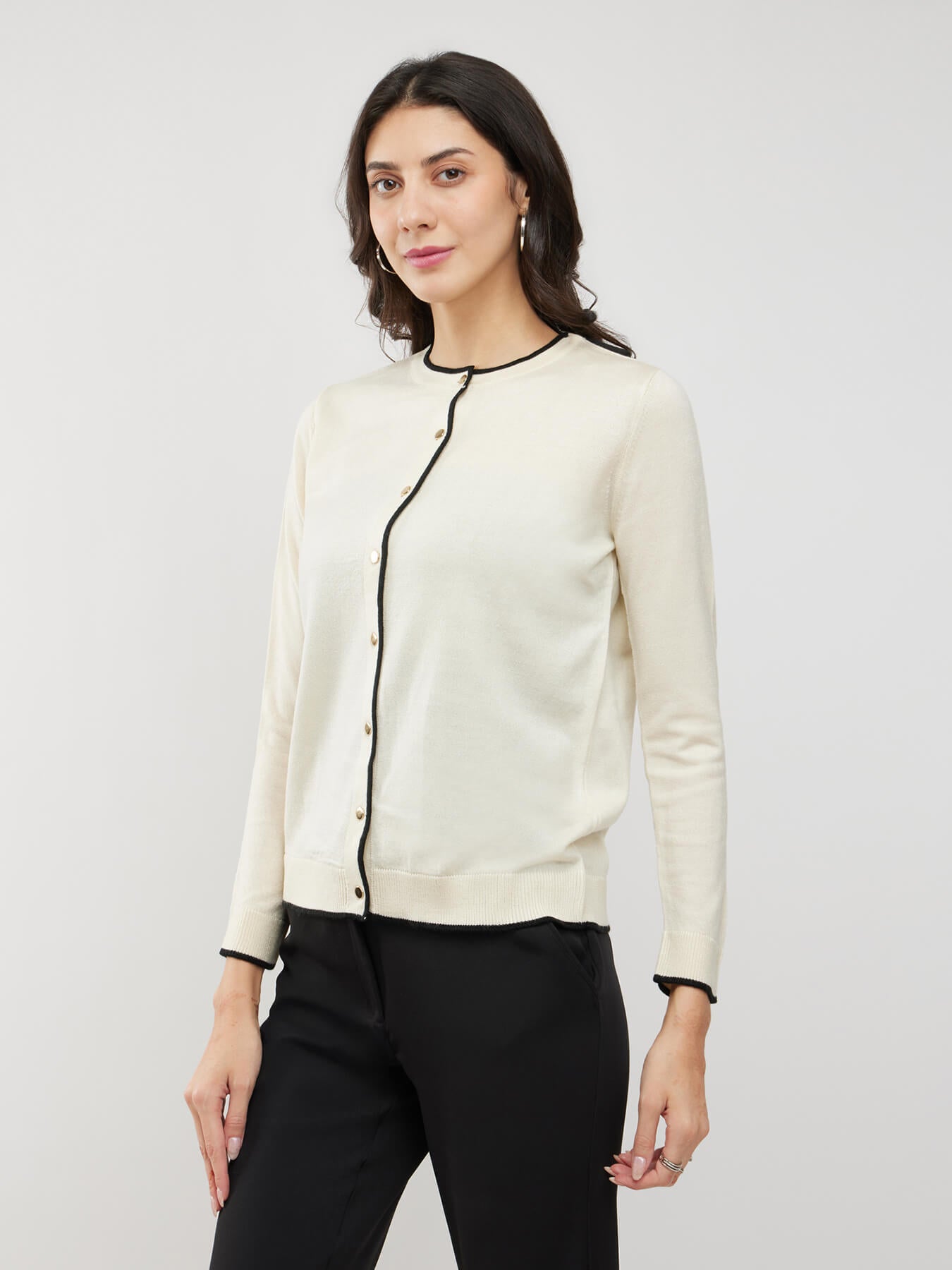 LivSoft Contrast Detail Cardigan - Off White and Black