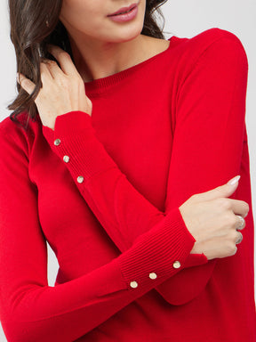 LivSoft Round Neck Buttoned Sleeve Sweater - Red