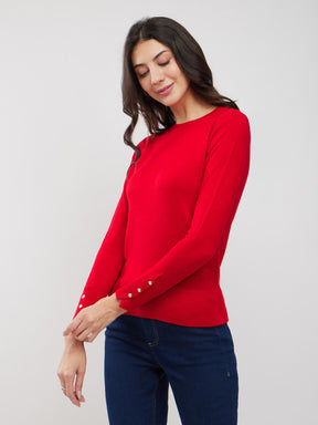 LivSoft Round Neck Buttoned Sleeve Sweater - Red