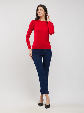 LivSoft Round Neck Buttoned Sleeve Sweater - Red