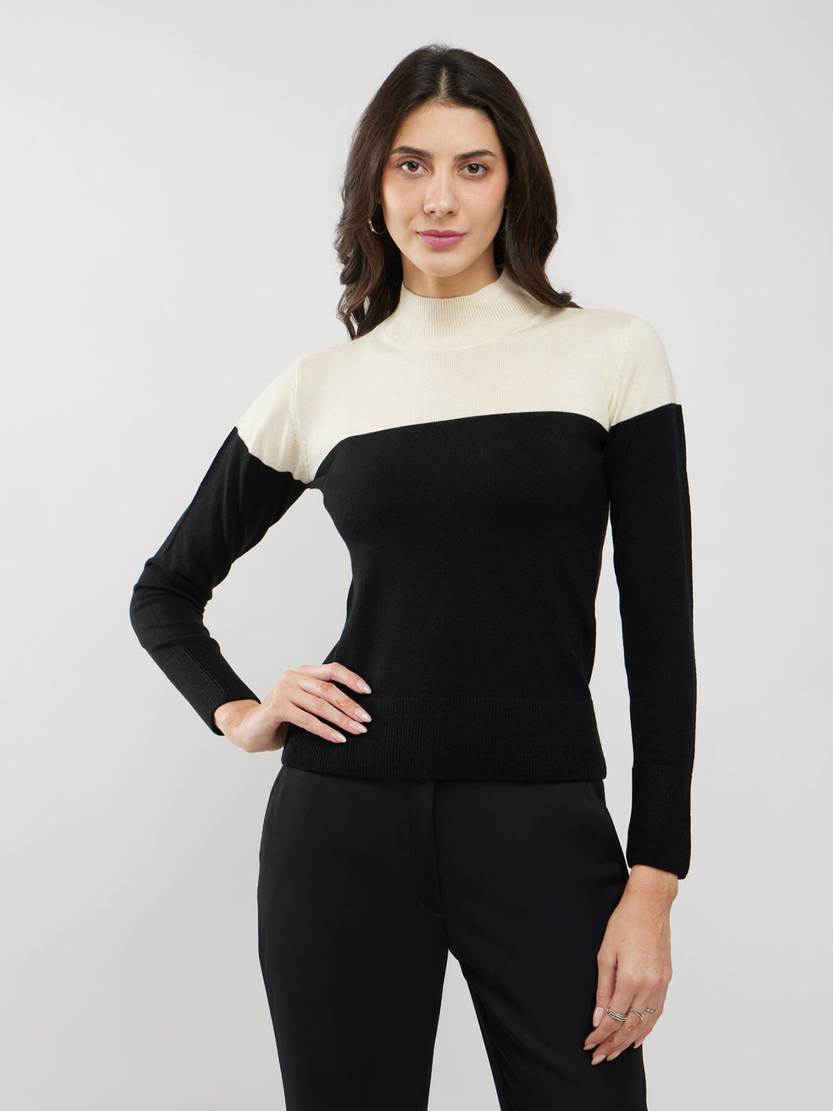 LivSoft Colourblocked Band Neck Sweater - Black and White