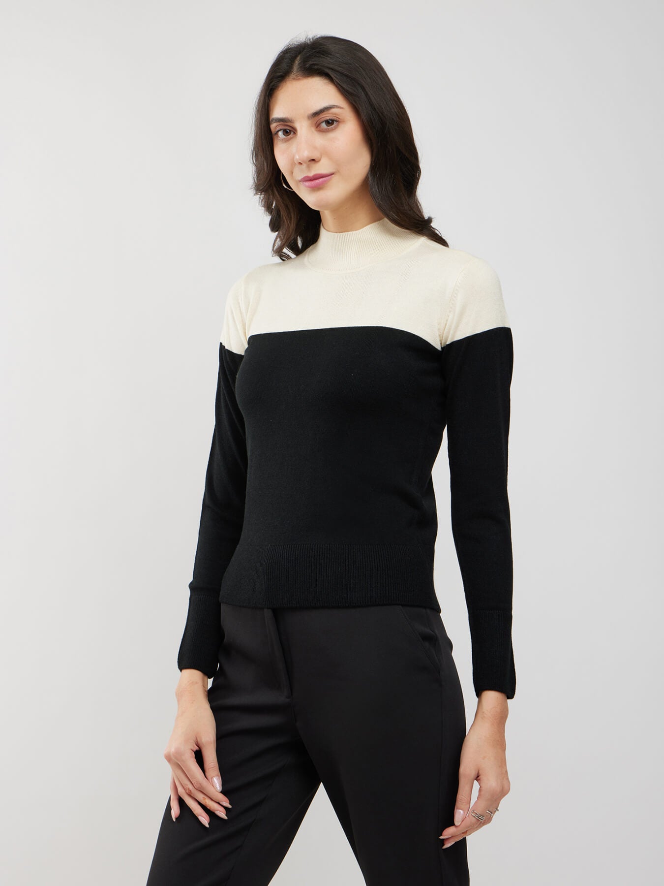 LivSoft Colourblocked Band Neck Sweater - Black and White