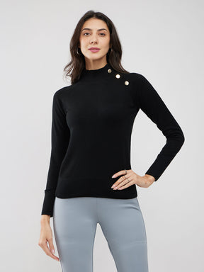 LivSoft Button Detail Crew Neck Sweater - Black