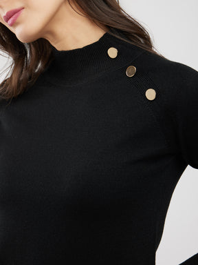 LivSoft Button Detail Crew Neck Sweater - Black