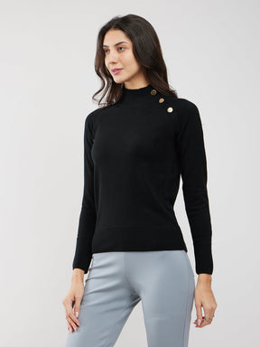 LivSoft Button Detail Crew Neck Sweater - Black