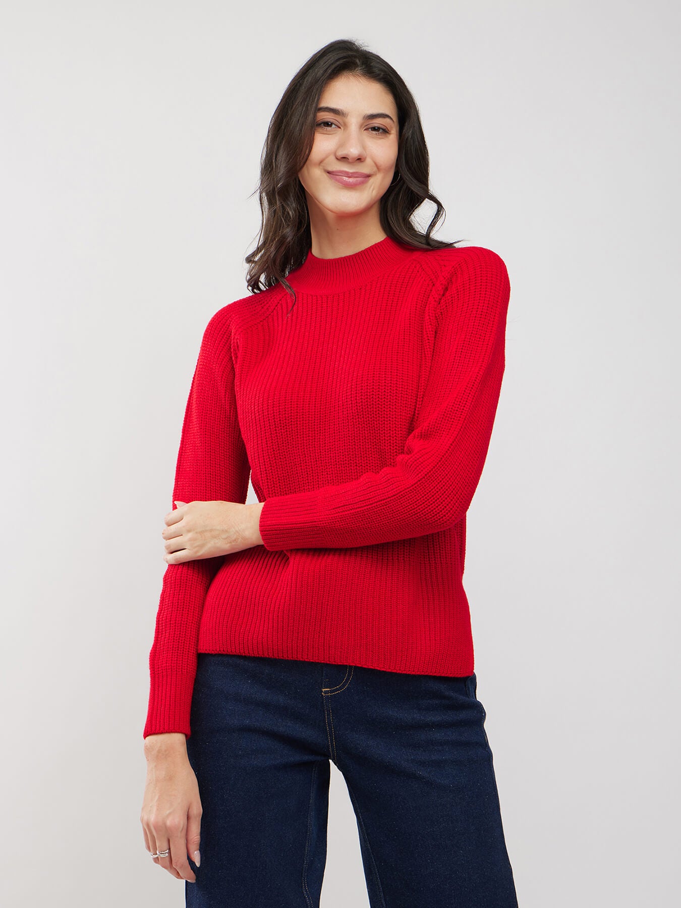 LivSoft Rib Knit High Neck Sweater - Red