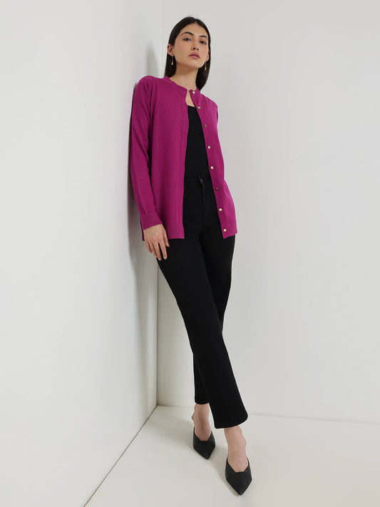 LivSoft Round Neck Cardigan - Magenta