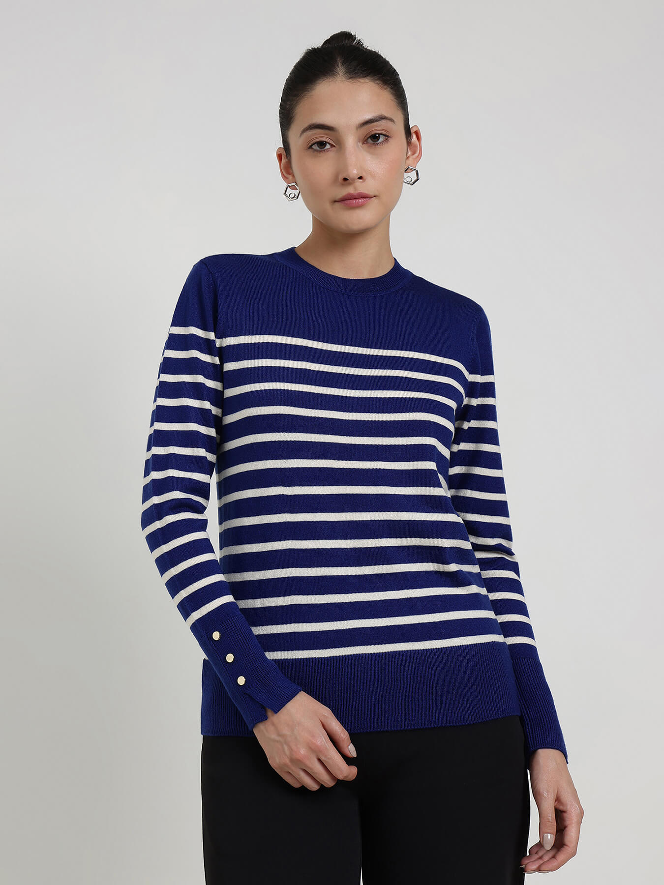LivSoft Striped Round Neck Sweater - Navy Blue