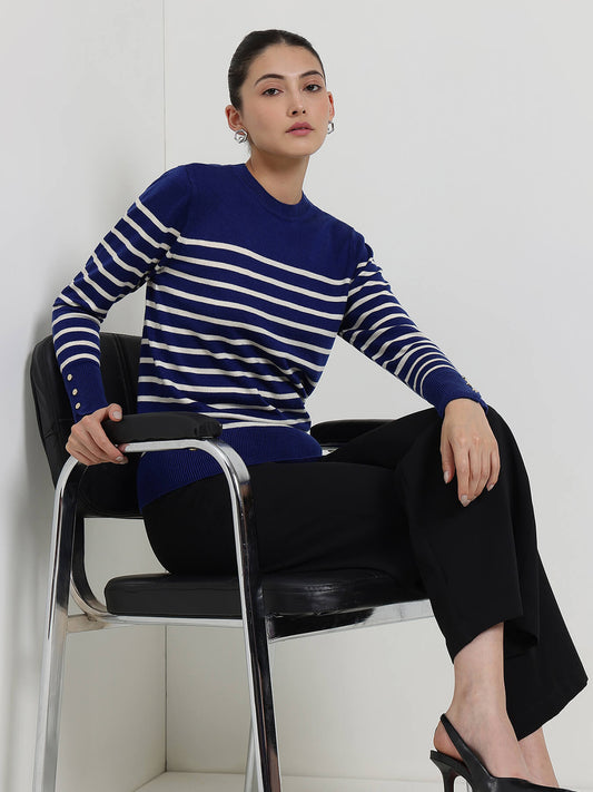 LivSoft Striped Round Neck Sweater - Navy Blue