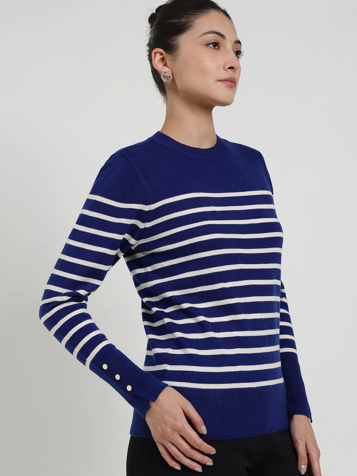 LivSoft Striped Round Neck Sweater - Navy Blue