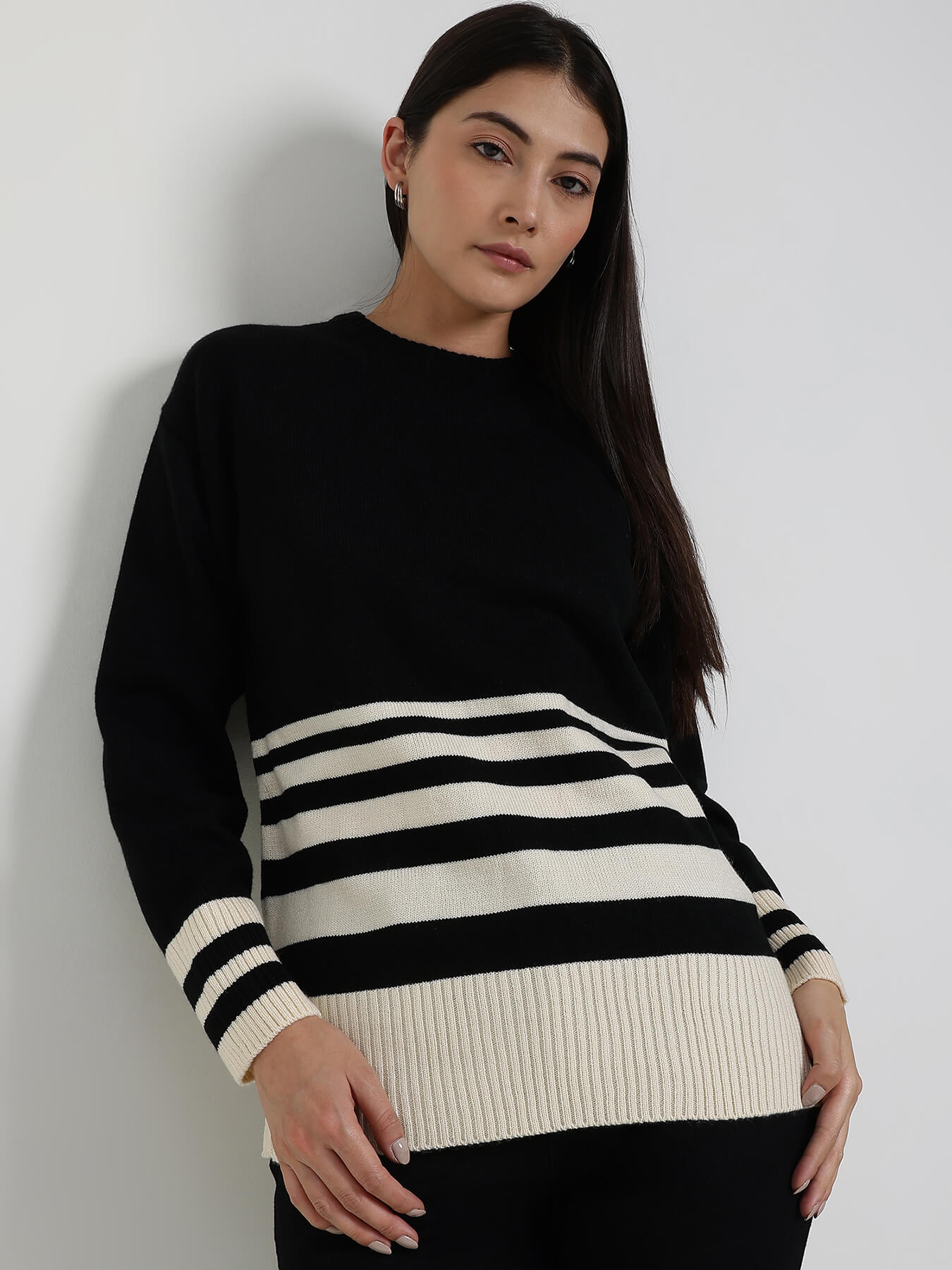 LivSoft Striped Round Neck Sweater - Black