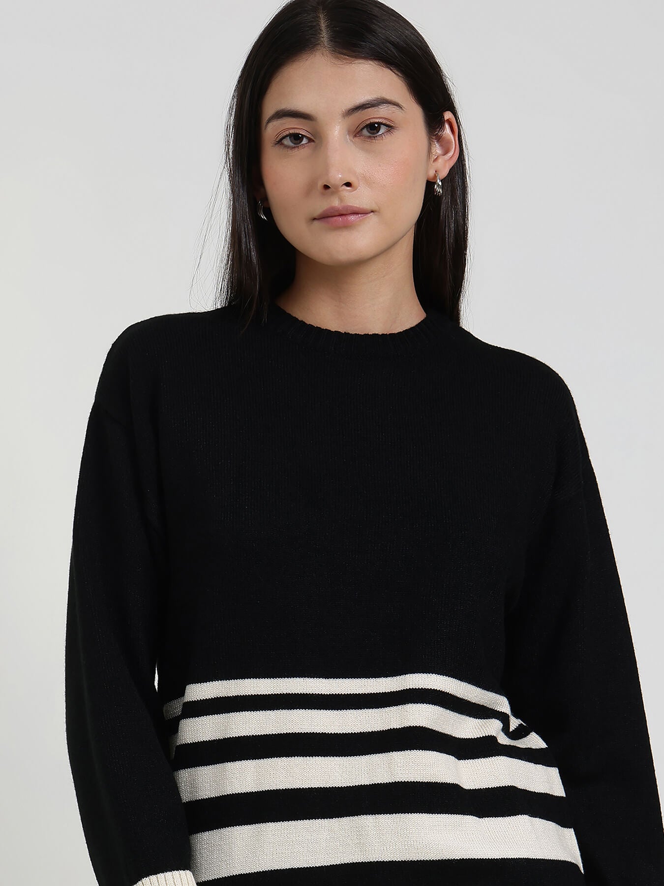LivSoft Striped Round Neck Sweater - Black