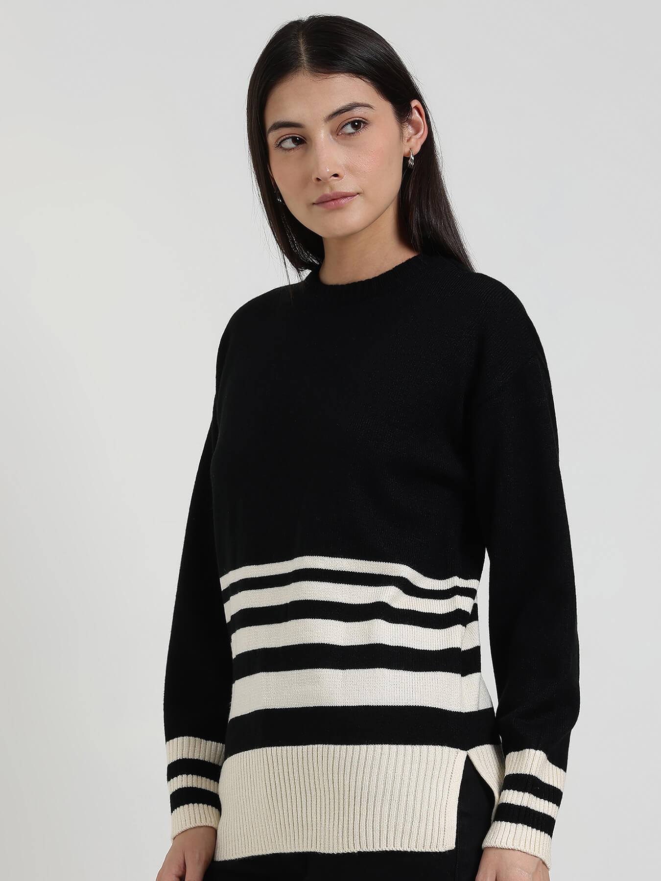 LivSoft Striped Round Neck Sweater - Black